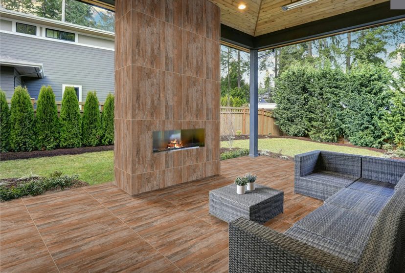 Outdoor terrace &mdash; Wood-effect wall cladding, rustic floor