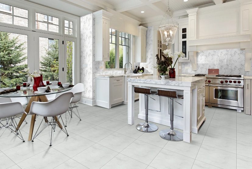 Tiled kitchen and dining space
