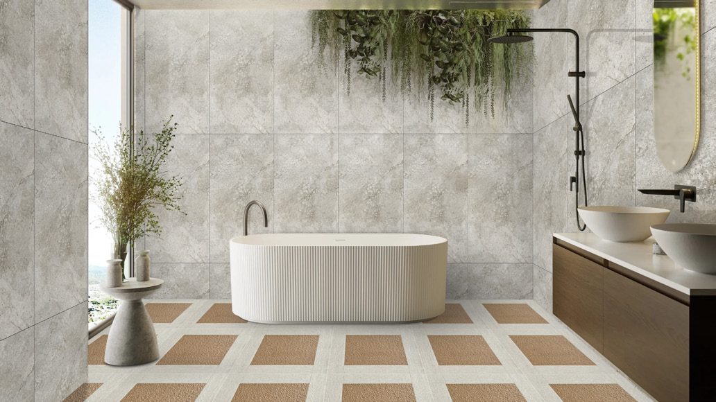 Bathroom &mdash; Stone-effect wall with a patterned floor inset