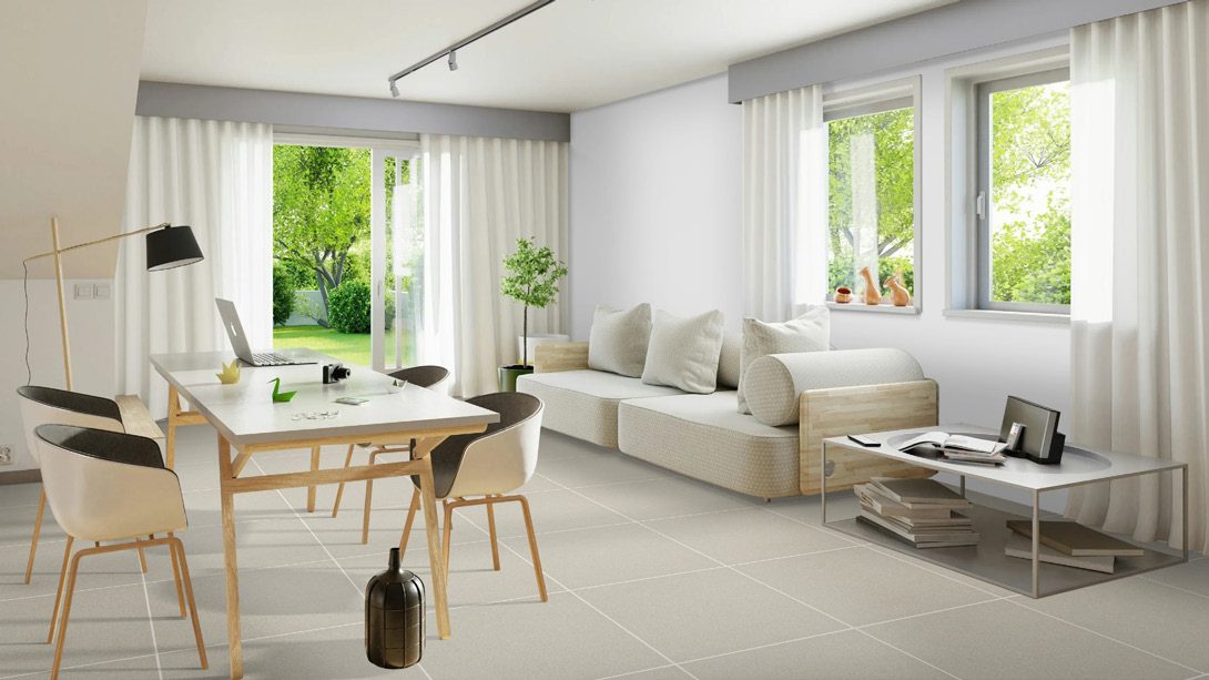 Living & dining &mdash; Light matt floor through both rooms