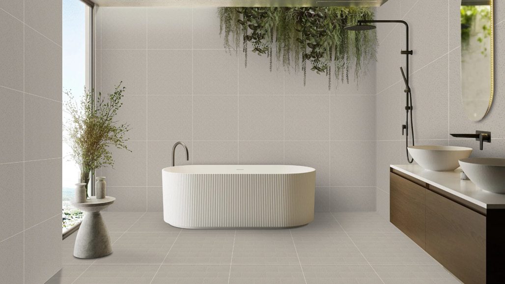 Bathroom &mdash; Large-format wall panels, freestanding bath