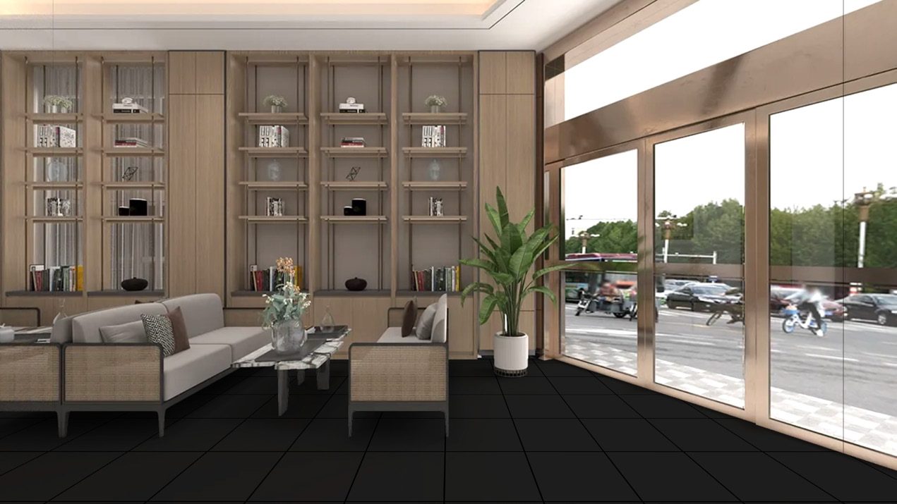 Living room &mdash; Dark polished floor, joinery wall