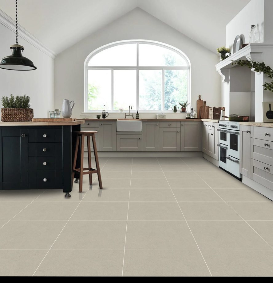 Kitchen &mdash; Pale matt floor, easy-clean joints