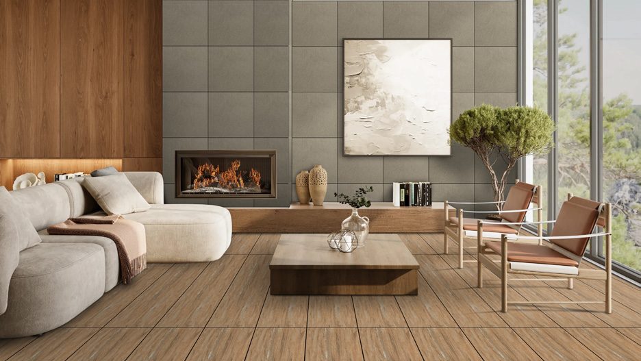 Living room &mdash; Wood-effect plank with a rug over