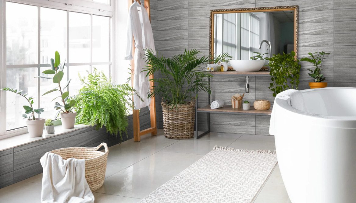 Bathroom &mdash; White wall tile, wood-effect floor