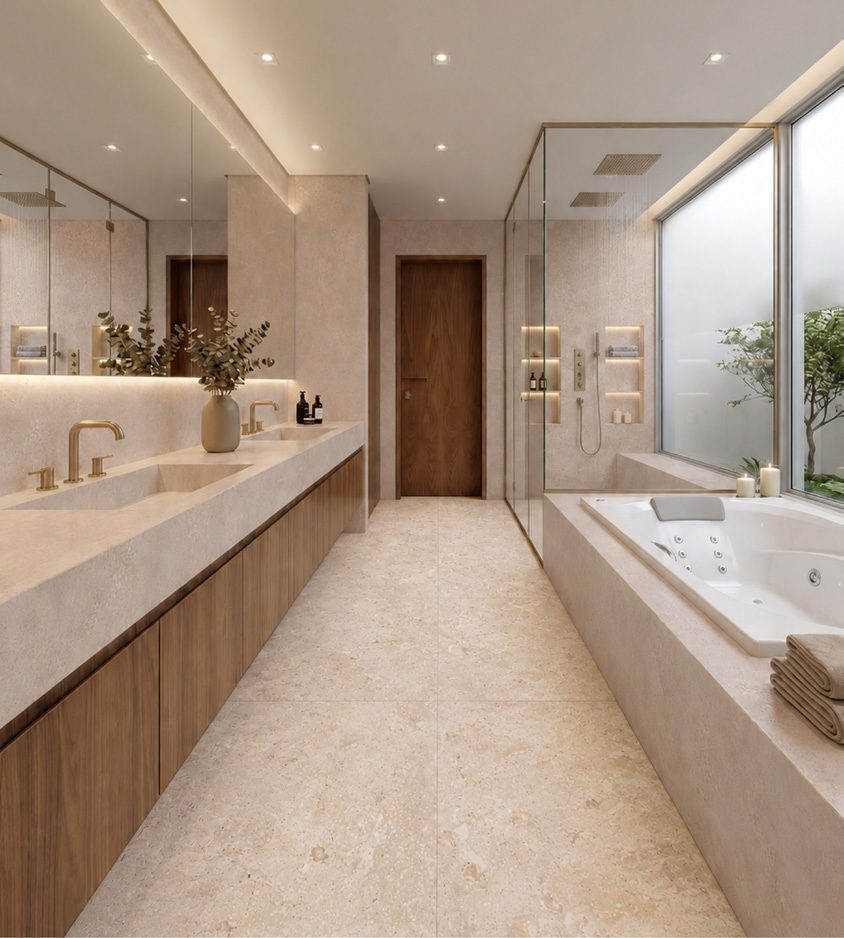Bathroom &mdash; Marble-effect wall and floor, one tone