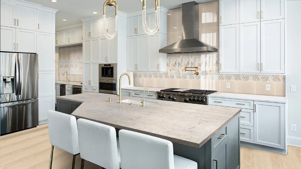 Kitchen &mdash; Wood-effect floor, tiled splashback