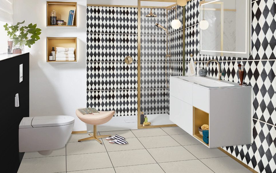 Bathroom &mdash; Patterned wall, diamond relief