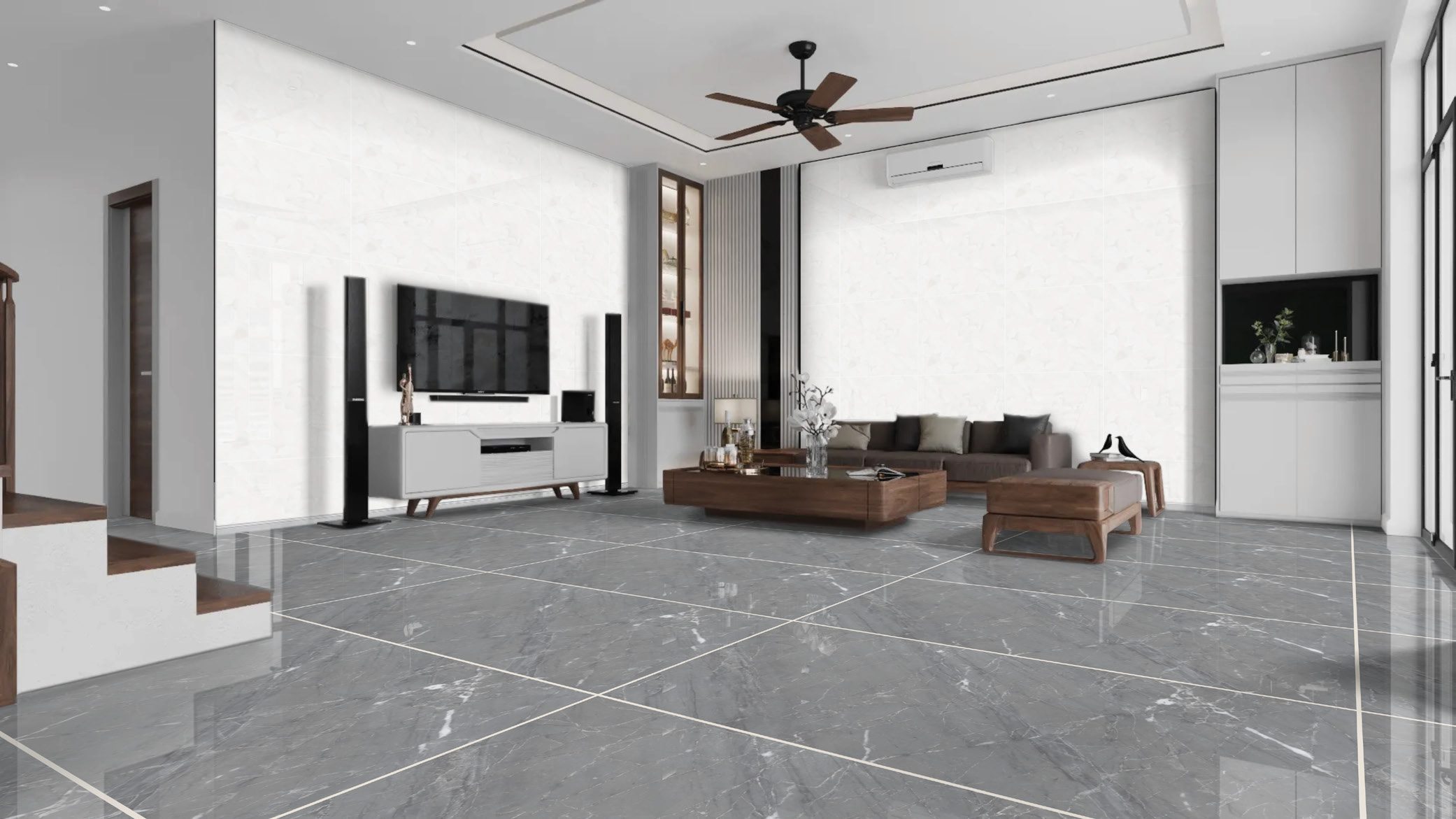 Living room &mdash; Grey large-format floor